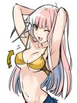  ;d armpits arms_behind_head breasts brown_eyes cleavage crown_removed fate/grand_order fate_(series) groin highres long_hair looking_at_viewer medb_(fate)_(all) medb_(fate/grand_order) medium_breasts navel one_eye_closed open_mouth pink_hair shimo_(s_kaminaka) simple_background smile solo underboob weapon yellow_bikini_top 