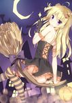  ahoge ass bare_shoulders black_legwear blonde_hair broom broom_riding commentary_request corset food_themed_hair_ornament from_behind hair_ornament halloween hand_up highres jack-o'-lantern jack-o'-lantern_hair_ornament long_hair looking_at_viewer original pumpkin_hair_ornament purple_eyes rong_yi_tan sidesaddle smile solo sparkle striped striped_legwear 