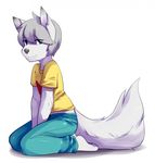  2016 anthro barefoot black_nose canine clothed clothing digital_media_(artwork) fluffy fluffy_tail full-length_portrait fur green_eyes grey_fur grey_hair grey_tail hair hi_res kneeling looking_at_viewer male mammal pants portrait pose remonpie shirt short_hair side_view simple_background solo white_background wolf 