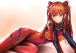  1girl blue_eyes bodysuit brown_hair hair_between_eyes headgear long_hair looking_at_viewer nannacy7 neon_genesis_evangelion plugsuit red_bodysuit shiny shiny_clothes shiny_hair smile solo soryu_asuka_langley 