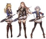  ankle_boots blonde_hair boots bow bowtie brown_eyes brown_footwear brown_hair brown_legwear detached_sleeves farrah_(granblue_fantasy) full_body granblue_fantasy grey_eyes hand_on_hip hand_on_own_chin headband katalina_aryze knee_boots long_hair looking_at_viewer minaba_hideo multiple_girls official_art open_mouth pantyhose pleated_skirt short_hair silver_hair skirt smile standing sword thigh_boots thighhighs transparent_background uniform vira_lilie weapon zettai_ryouiki 