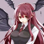  :o bat_wings black_vest breasts collared_shirt demon_girl demon_wings dress_shirt fang flying_sweatdrops head_wings koa_(phrase) koakuma large_breasts lefthand long_hair long_sleeves looking_at_viewer necktie pointy_ears purple_background red_eyes red_hair red_neckwear shirt sidelocks simple_background solo touhou upper_body very_long_hair vest white_shirt wings 