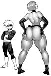  1girl ass ass_grab bodysuit danny_fenton danny_phantom elbow_gloves from_behind full_body gloves grabbing_own_ass greyscale grin highres huge_ass looking_at_viewer looking_back maddie_fenton mature monochrome mother_and_son muscle naughty_face short_hair simple_background smile standing synecdoche thick_thighs thighs white_background 