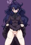  1girl black_hair blue_eyes breasts dress_lift heart heart-shaped_pupils hex_maniac_(pokemon) long_hair messy_hair npc_trainer open_mouth panties panties_around_thighs panty_pull pokemon purple_background pussy pussy_juice saliva simple_background solo thong 