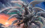  armor bird cloud commentary_request dragon fangs highres horns mountain multiple_wings no_humans original roaring sky snow solo standing sunset utsubushi022 wings 