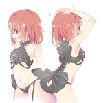  arched_back arm_up ass back bare_arms bare_shoulders black_bow black_panties blush bow breasts chara_(undertale) collarbone cowboy_shot eyebrows eyebrows_visible_through_hair garter_straps hand_on_own_head lingerie looking_at_viewer multiple_views panties red_eyes red_hair ribs shaded_face shiny shiny_hair short_hair simple_background skeleton_costume small_breasts smirk spine spoilers undertale underwear underwear_only white_background yugaiga 