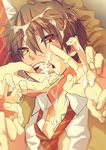  1boy brown_hair cum cum_in_mouth facial finger high_speed! kirishima_natsuya looking_at_viewer male_focus memeo_(candy_house) necktie red_eyes short_hair v yaoi yellow_eyes 