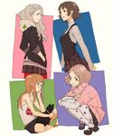  animal bare_shoulders brown_hair cat green_eyes grey_hair hands_in_pockets hayami_ritsu hood hoodie morgana_(persona_5) multiple_girls niijima_makoto okumura_haru persona persona_5 red_eyes sakura_futaba shuujin_academy_uniform squatting takamaki_anne 