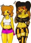  animatronic anthro belt big_breasts breasts cleavage clothed clothing datfurrydude duo female five_nights_at_freddy&#039;s five_nights_at_freddy&#039;s_2 five_nights_at_freddy&#039;s_4 garter_straps halloween hi_res holidays machine midriff navel nightmare_chica_(fnaf) open_mouth red_pupils robot sharp_teeth shirt shorts simple_background size_difference skimpy tank_top teeth torn_clothing toy_chica_(fnaf) video_games white_pupils yellow_skin 