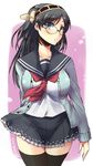  alternate_costume alternate_hair_length alternate_hairstyle black_hair black_legwear breasts cardigan glasses hairband headgear kantai_collection kirishima_(kantai_collection) large_breasts long_hair long_sleeves neckerchief pleated_skirt sailor_collar school_uniform serafuku shinshin skirt solo thighhighs twitter_username 