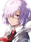  arisaka_ako closed_mouth fate/grand_order fate_(series) glasses hair_over_one_eye highres hood hooded_jacket jacket lavender_eyes lavender_hair mash_kyrielight necktie portrait red_neckwear rimless_eyewear short_hair smile solo white_background 