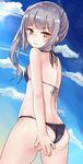  alternate_costume ass bare_arms blush bow breasts chiune_(yachi) cloud cloudy_sky covering covering_ass day embarrassed eyebrows eyebrows_visible_through_hair from_behind hair_bow highres kantai_collection kasumi_(kantai_collection) lips long_hair looking_at_viewer midriff side_ponytail silver_hair sky small_breasts solo thighs yellow_eyes 