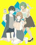  3girls bag bare_knees bare_legs blue_nails brooch eyepatch fueguchi_hinami gray_shirt gray_skirt high_heels kaneki_ken kneeling multiple_girls mutsuki_tooru outline pleated pleated_skirt red_nails sandals short_sleeves tokyo_ghoul wristwatch xino 