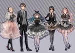  1boy 4girls black_gloves black_jacket blazer dress frilly_dress hand_on_hip high_heels holding_clothes ihei_hairu mado_akira mukimuki_mayuge multiple_girls mutsuki_tooru open_jacket pantyhose sasaki_haise tokyo_ghoul two-tone_hair yonebayashi_saiko 