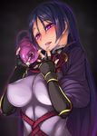  artificial_vagina blush bodysuit breasts crest_worm cum cum_string cumdrip fate/grand_order fate_(series) fingerless_gloves gloves highres large_breasts long_hair looking_at_viewer minamoto_no_raikou_(fate/grand_order) miyashiro_ryuutarou purple_bodysuit purple_eyes purple_hair solo 