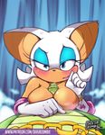  1boy 1girl 2014 animal_ears blush breasts eyelashes furry gloves hetero lying on_back paizuri penis pov precum rouge_the_bat sega shiny shiny_skin skajrzombie sonic_team sonic_the_hedgehog sweat white_gloves 