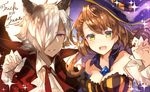  1girl animal_ears bad_id bad_twitter_id beatrix_(granblue_fantasy) cape claw_pose dark_skin dark_skinned_male erune eustace_(granblue_fantasy) granblue_fantasy green_eyes hair_over_one_eye halloween hat sweetroad witch_hat 