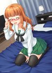  2016 :d ^_^ adjusting_eyewear alarm_clock bed_sheet bedroom breasts clock closed_eyes collarbone dated embarrassed flying_sweatdrops girls_und_panzer glasses green_skirt impossible_clothes impossible_shirt indoors lamp large_breasts long_hair miyai_sen neckerchief on_bed ooarai_school_uniform open_mouth orange_hair pillow pleated_skirt red-framed_eyewear school_uniform seiza semi-rimless_eyewear serafuku shiny shiny_hair shirt sidelocks signature sitting skirt smile solo takebe_saori television thighhighs under-rim_eyewear 