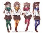  4girls :o :t ;d akatsuki_(kantai_collection) alternate_legwear anchor_symbol arm_at_side arms_at_sides bangs blouse blue_eyes blue_legwear blue_scarf blush breasts brown_eyes brown_footwear brown_hair brown_skirt closed_mouth dated eyebrows eyebrows_visible_through_hair fang flat_cap folded_ponytail full_body green_legwear green_scarf grey_hair hair_between_eyes hair_ornament hairclip hat hibiki_(kantai_collection) ikazuchi_(kantai_collection) inazuma_(kantai_collection) kantai_collection loafers long_hair long_sleeves looking_at_viewer miniskirt multiple_girls neckerchief one_eye_closed open_mouth pantyhose plaid plaid_scarf pleated_skirt polka_dot polka_dot_scarf pout red_legwear red_scarf sasachin_(k+w) scarf school_uniform serafuku shoes short_hair simple_background skirt small_breasts smile standing standing_on_one_leg striped striped_scarf thigh_gap twitter_username white_background white_blouse yellow_legwear yellow_scarf 