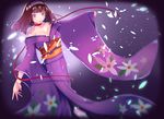  awoki bare_shoulders breasts brown_hair choker cleavage falling_petals floral_print hair_blowing hairband highres japanese_clothes kanzaki_sumire kimono lips long_hair looking_at_viewer medium_breasts mole mole_under_eye off_shoulder outstretched_arms purple_eyes red_ribbon ribbon ribbon_choker sakura_taisen smile solo vignetting 