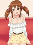  :d bare_shoulders blush breasts brown_eyes brown_hair cleavage couch floral_print h3po4_chiba hair_ornament highres idolmaster idolmaster_cinderella_girls jewelry large_breasts looking_at_viewer open_mouth skirt smile solo totoki_airi twintails 