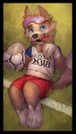  2016 anthro arctic_wolf ball blue_eyes brown_fur canine clothed clothing cute digital_media_(artwork) eyewear fifa fur goggles lying male mammal mascot navel on_back russia russian shirt shorts simple_background smile soccer soccer_ball solo sport tacklebox tongue tongue_out white_fur wolf world_cup zabivaka 