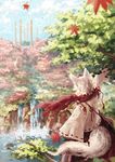  animal_ears cloud cloudy_sky day detached_sleeves from_behind hat inubashiri_momiji kitsune_maru leaf long_sleeves maple_leaf onbashira red_scarf scarf scenery short_hair sky solo tail tokin_hat touhou tree water waterfall white_hair wide_sleeves wolf_ears wolf_tail 