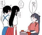  3girls akagi_(kantai_collection) bangs black_hair blue_hair blush commentary_request flying_sweatdrops from_behind houshou_(kantai_collection) japanese_clothes kaga_(kantai_collection) kantai_collection long_hair multiple_girls oven_mitts ponytail pot side_ponytail smile straight_hair sweatdrop swept_bangs tasuki translated yoichi_(umagoya) 