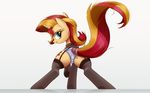  2016 butt clothed_feral clothing cutie_mark equestria_girls equine eyelashes female feral hair hi_res horn legwear looking_back mammal multicolored_hair my_little_pony ncmares panties rear_view simple_background solo sunset_shimmer_(eg) two_tone_hair underwear unicorn 