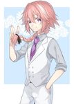  androgynous astolfo_(fate) braid checkered checkered_neckwear citron_82 fate/apocrypha fate_(series) formal hand_in_pocket long_hair looking_at_viewer male_focus necktie pink_hair purple_neckwear single_braid smile solo suit waistcoat 
