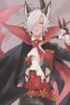  animal_ears belt blue_eyes cape claws cravat dark_skin dark_skinned_male erune eustace_(granblue_fantasy) fang granblue_fantasy gucha_(netsu) hair_over_one_eye male_focus plume solo vampire_costume white_hair 