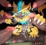  2019 4_fingers anthro balls big_balls crouching cum cum_on_face cum_on_penis disembodied_penis double_handjob group group_sex handjob hi_res huge_balls humanoid_penis hyper hyper_penis legendary_pok&eacute;mon male male/male nintendo penis pok&eacute;mon pok&eacute;mon_(species) sex simple_background solo_focus syuro uncut vein video_games zeraora 