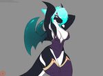  2016 anthro armpits black_skin blood blue_eyes blue_hair breasts cetacean clothed clothing doomthewolf dragon fangs female hair hybrid legwear looking_at_viewer mammal marine membranous_wings orca penelope raised_arm shirt solo vampire whale white_skin wide_hips wings 