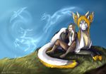  5_fingers blonde_hair clothed clothing day dragon eam0 fur grass green_eyes hair horn human lying mammal nude outside sitting tan_hair white_fur 