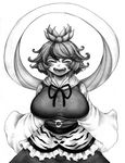  blush breasts commentary_request fangs greyscale happy huge_breasts kawazoi_riverside monochrome short_hair slit_pupils solo toramaru_shou touhou 