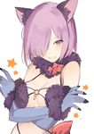  :d animal_costume animal_ears bare_shoulders bow breast_rest breasts claws cleavage crossed_arms dangerous_beast elbow_gloves fate/grand_order fate_(series) fingernails fur-trimmed_gloves fur_collar fur_trim gloves hair_over_one_eye halloween_costume long_fingernails looking_at_viewer lpip mash_kyrielight medium_breasts navel o-ring o-ring_top open_mouth purple_eyes purple_hair red_bow revealing_clothes short_hair simple_background smile solo star stomach underwear upper_body white_background wolf_costume wolf_ears 