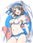  bikini blue_eyes blush breasts cowboy_shot flag frilled_bikini frills gloves hat highres holding light_brown_hair looking_at_viewer love_live! love_live!_sunshine!! medium_breasts navel open_mouth rozen5 sailor_bikini sailor_collar sailor_hat short_hair simple_background smile solo standing swimsuit teeth watanabe_you white_background white_gloves 