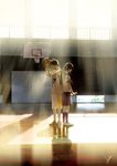 1girl arms_up back-to-back basketball basketball_court basketball_hoop basketball_uniform black_hair closed_eyes commentary highres indoors light_particles light_smile looking_down loundraw original paper reflection school_uniform serafuku shadow short_hair signature sportswear sunlight 