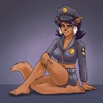  2016 anthro barefoot breasts brown_fur cat cleavage clothed clothing felina_feral feline female fur hat looking_at_viewer mammal midriff navel plagueofgripes police_uniform sitting smile solo swat_kats uniform 