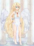  1girl angel barefoot blonde_hair blue_eyes bracelets cleavage feathered_wings goddess ilias long_hair lots_of_jewelery mon-musu_quest! tiara wings 