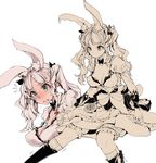  alice_in_wonderland animal_ears bow breasts bunny_ears collarbone detached_collar endou_okito green_eyes hair_bow kneehighs large_breasts long_hair march_hare medium_breasts multiple_views original personification puffy_sleeves silver_hair sitting surprised twintails watch 