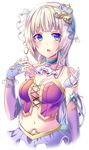  bad_id bad_pixiv_id blue_eyes breasts bridal_gauntlets cleavage collar collarbone detached_sleeves eyebrows eyebrows_visible_through_hair highres long_hair looking_at_viewer medium_breasts midriff navel okutani_toro open_mouth original see-through silver_hair simple_background solo strapless white_background 