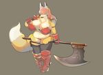  armor artist_reqeust belly boots breasts fox furry hair_over_eyes huge_breasts plump red_hair short_hair sword thick_thighs 