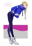  1girl asymmetrical_hair blonde_hair blue_eyes collar from_side hands_in_pockets jacket leggings long_hair no_mouth original shoes sneakers solo yamakawa 