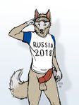  2016 animal_genitalia animal_penis anthro ball balls beowulf_bitter blue_eyes bottomless canine canine_penis clothed clothing erection eyewear fifa male mammal mascot penis russia russian signature soccer solo sport wolf world_cup zabivaka 