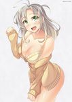  ahoge alternate_costume bad_id bad_pixiv_id bra breasts cardigan cleavage green_eyes kankitsunabe_(citrus) kantai_collection kinugasa_(kantai_collection) leaning_forward long_hair medium_breasts off_shoulder open_mouth silver_hair sleeves_past_wrists solo sweater underwear 