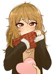  blonde_hair blush brown_eyes catmouth chocolate coat coppelion curly_hair gift heart long_hair looking_at_viewer out_of_frame ozu_kanon plaid plaid_scarf pov pov_hands scarf scarf_over_mouth solo_focus upper_body valentine white_background 
