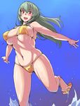  ass_visible_through_thighs bikini blue_background blush breasts gradient gradient_background large_breasts long_hair navel open_mouth outstretched_arms red_eyes rozen_maiden sandals silver_hair simple_background solo suigintou swimsuit tsuda_nanafushi water yellow_bikini 