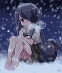  1girl barefoot blush cold long_hair school_uniform serafuku shishinon snow snowing solo trembling 