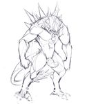  2015 3_toes animal_genitalia black_sclera erection evolve_(copyright) front_view genital_slit glans goliath_(evolve) hunched_over knot long_tongue male mandibles monochrome monster muscular muscular_male penis sketch slit solo spikes standing stickysheep toes tongue tongue_out 